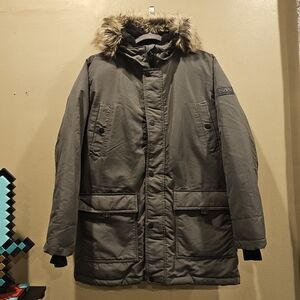 Michael Kors Boys Snorkel Hooded Coat With Faux Fur Trim-Olive Green